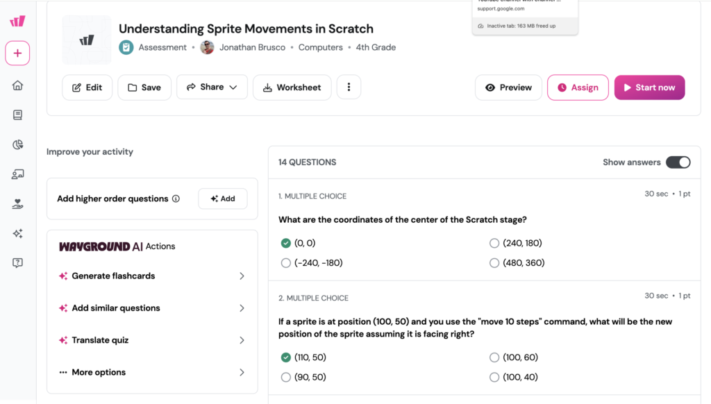 Giao diện quản lý lớp học và bài kiểm tra trên Wayground