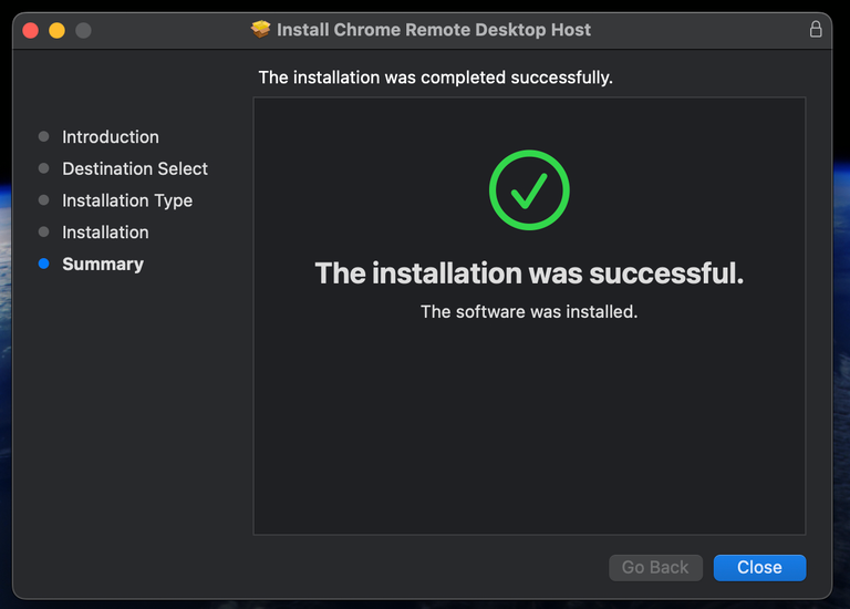 The installation was completed successfully