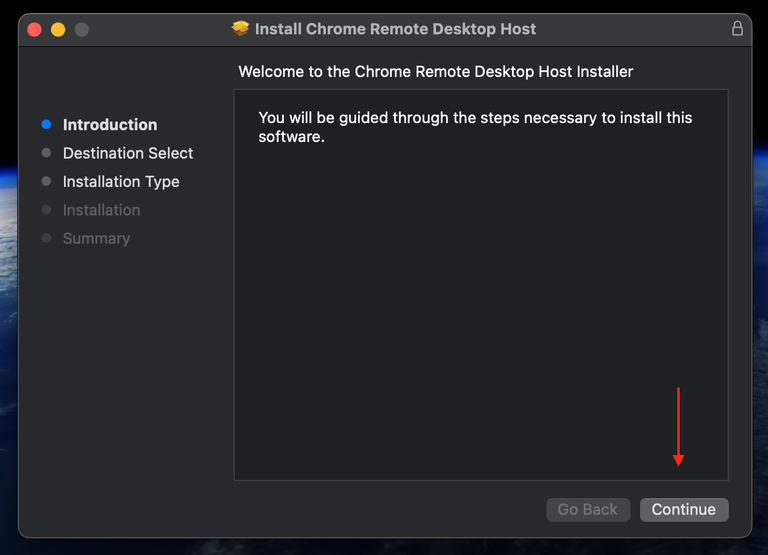 Installer Continue (mũi tên đỏ)