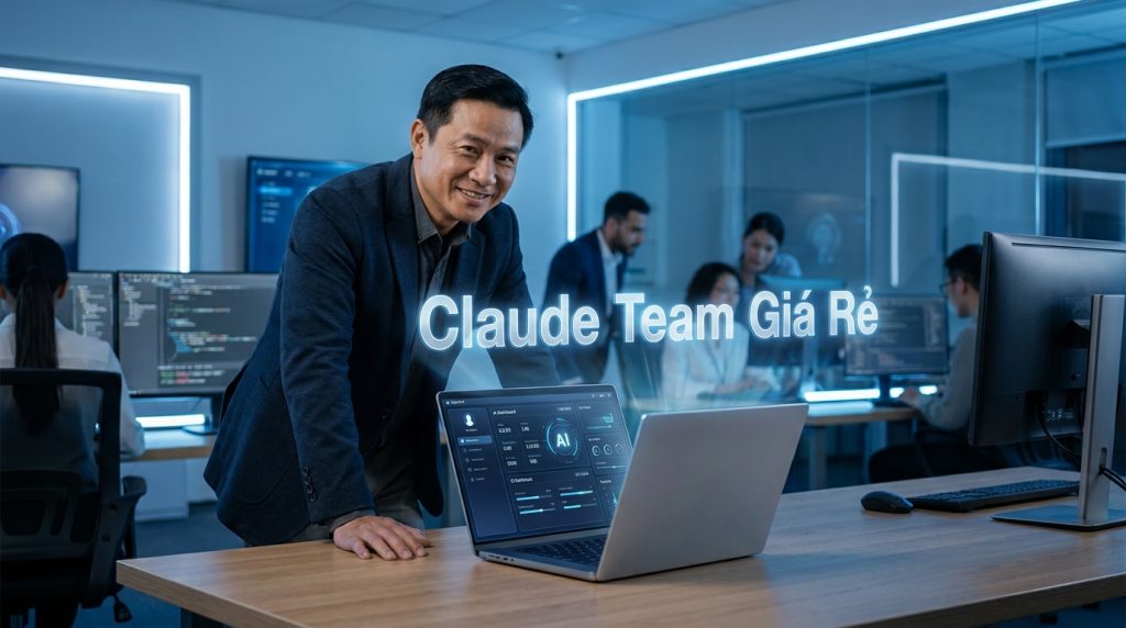Chuyên viên sử dụng dịch vụ Claude Team Giá Rẻ tại văn phòng hiện đại – Hoàng Tú Technology.